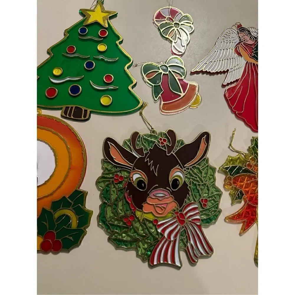 VINTAGE LARGER STAINED GLASS LOOK WINDOW ORNAMENT SUNCATCHERS CHRISTMAS MCM